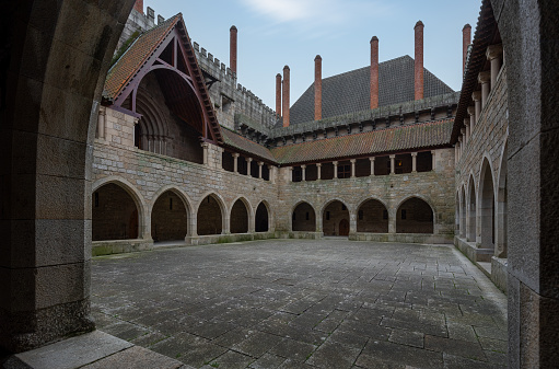 Guimaraes, Portugal - Feb 9, 2020: Palace of the Dukes of Braganza Courtyard (Paco dos Duques de Braganca) - Guimaraes, Portugal