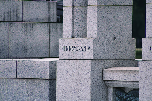 Close-up of the inscription of Pennsylvania on a pillar at the World War II Memorial in Washington, D.C.