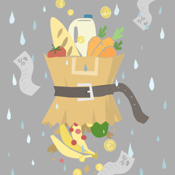 Ripped groceries bag inflation crisis A brown paper shopping bag full of food items with a belt, tight around the middle, a ripped bottom with food and coins falling out in the rain. Representing increases in food prices due to inflation. budget cuts stock illustrations