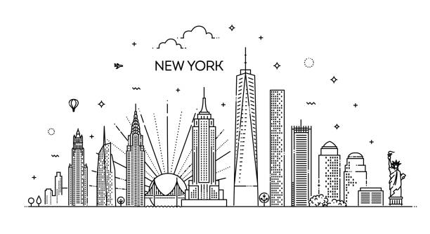 ilustraciones, imágenes clip art, dibujos animados e iconos de stock de bandera lineal de la ciudad de nueva york. todos los edificios - new york city skyline bridge brooklyn