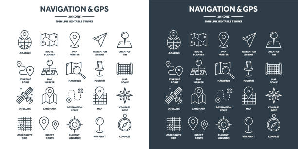 stockillustraties, clipart, cartoons en iconen met navigation map and geolocation, gps positioning. coordinate grid quadrants, cardinal points, location finder. travel route and waypoints planning. thin line web icons set. vector illustration - fysische geografie
