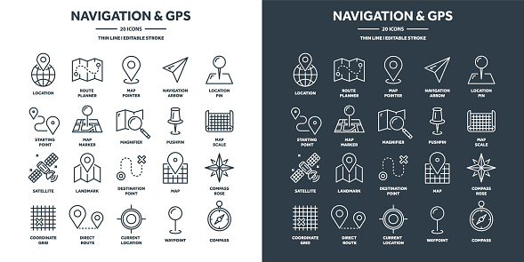 Navigation map and geolocation, GPS positioning. Coordinate grid quadrants, cardinal points, location finder. Travel route and waypoints planning. Thin line web icons set. Vector illustration.