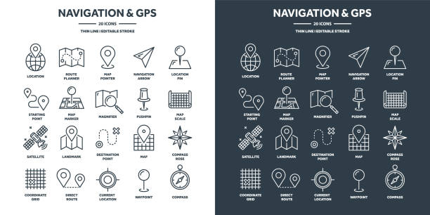 Navigation map and geolocation, GPS positioning. Coordinate grid quadrants, cardinal points, location finder. Travel route and waypoints planning. Thin line web icons set. Vector illustration vector art illustration