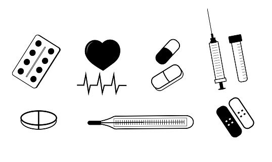 Set of medical icons.Symbols: heart, thermometer, pill, syringe, patch, medicine.
Vector illustration.