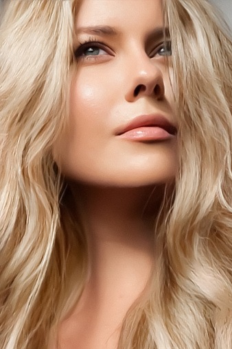 Hair colour, haircare cosmetics and beauty face portrait, beautiful woman with light blonde hairstyle shade, close-up