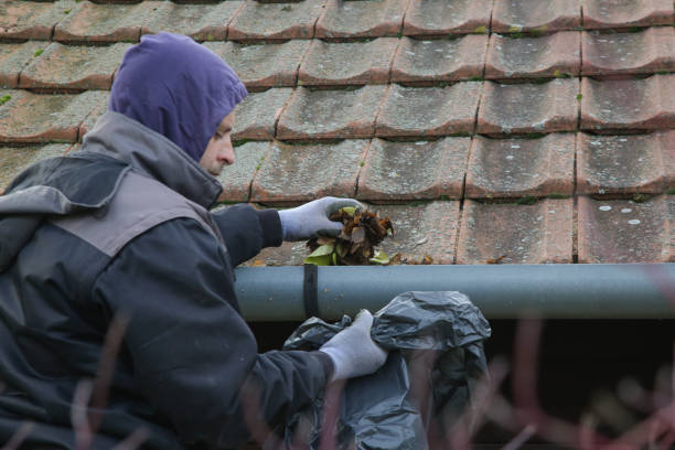istock Man cleaning the gutter from autumn leaves before winter season. Roof gutter cleaning process. 1425320314