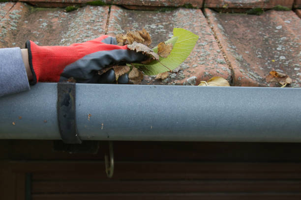 istock Cleaning the gutter from autumn leaves before winter season. Roof gutter cleaning process. 1425320758