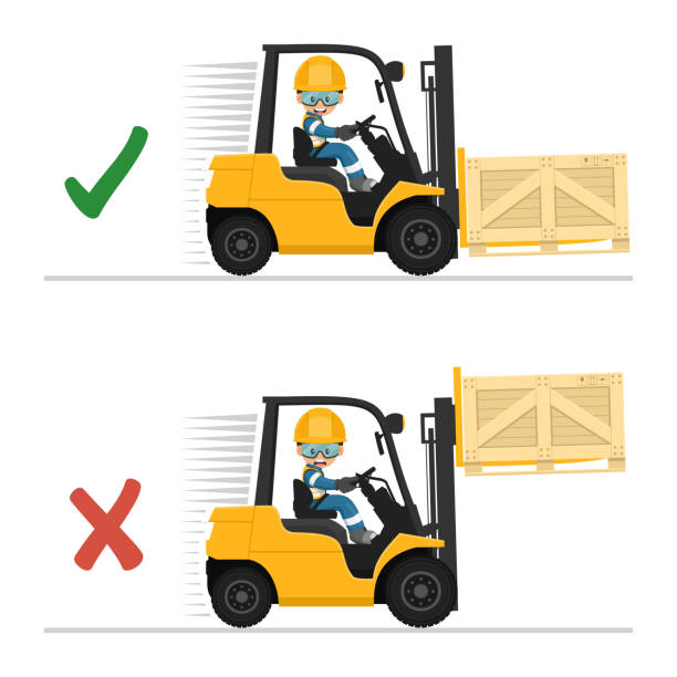 Do not drive with the forks raised or with a elevated load. Safety in handling a fork lift truck. Security First. Accident prevention at work. Industrial Safety and Occupational Health Do not drive with the forks raised or with a elevated load. Safety in handling a fork lift truck. Security First. Accident prevention at work. Industrial Safety and Occupational Health safety first at work stock illustrations