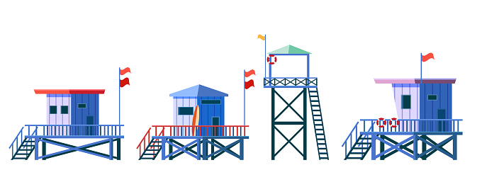 Set of Lifeguard Tower icons. Station beach building illustration style isolated