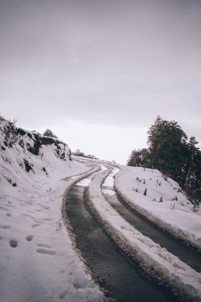 Road leading during Snowfall - Road in Winter - Snow Mountain
