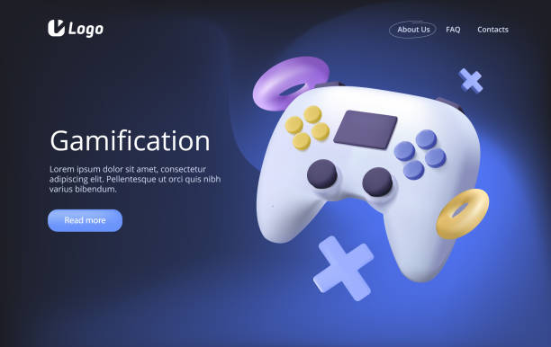 ゲーミフィケーションの3dベクターウェブサイトイラストレーション、視聴者のためのインタラクティブコンテンツエンゲージ、報酬獲得の奨励 - retro revival video game joystick gamer点のイラスト素材／クリップアート素材／マンガ素材／アイコン素材
