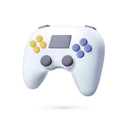 Joystick gamepad 3D icon, game console or game controller. Computer gaming. 3d vector icon. Cartoon minimal style. Video games controller for computer or portative game station. 3D render free to edit