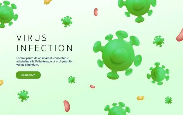 Vector illustration of Virus infection 3D render landing page, banner. Novel Coronavirus. Allergy bacteria, germ. Virus Covid. Green background
