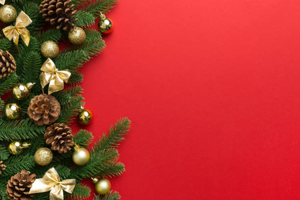 Christmas background with fir branches and Christmas decor. Top view, copy space for text