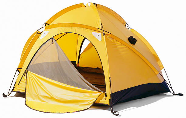 Yellow dome tent with open zip enclosure yellow dome two person tent on white background camping stock pictures, royalty-free photos & images