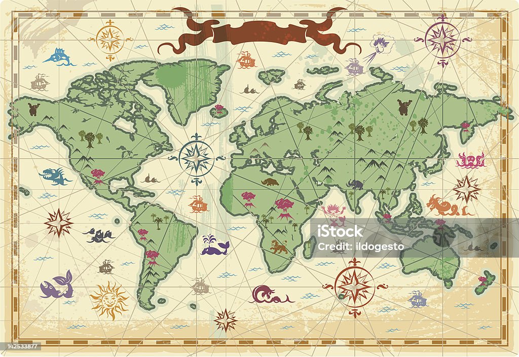 Colorful ancient World map Retro-styled map of the World with trees, volcanos, mountains and fantasy monsters. Vector illustration. Please see also: World Map stock vector
