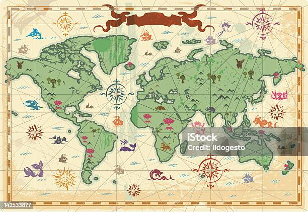 Colorful Ancient World Map Stock Illustration - Download Image Now - World Map, Cartoon, Fantasy