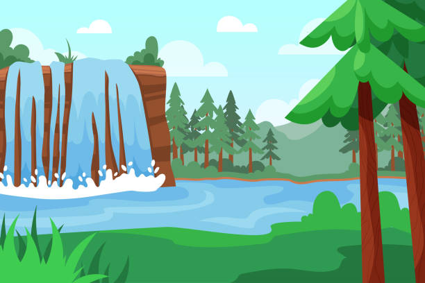 ilustraciones, imágenes clip art, dibujos animados e iconos de stock de cascada de la selva. pintoresco río en montaña. caída de agua en el lago. arroyo creek. paisaje forestal. panorama de fantasía. campo de hierba. naturaleza salvaje. paisaje de verano. fondo de ilustración vectorial - waterfall falling water water backgrounds