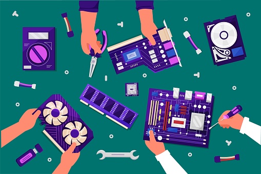 Computer parts. Hands repair PC. Electronic hardware. Motherboard with microchips. PCB store. Chip board circuit. Device recovery. Workshop service. People arms on table top view. Vector illustration