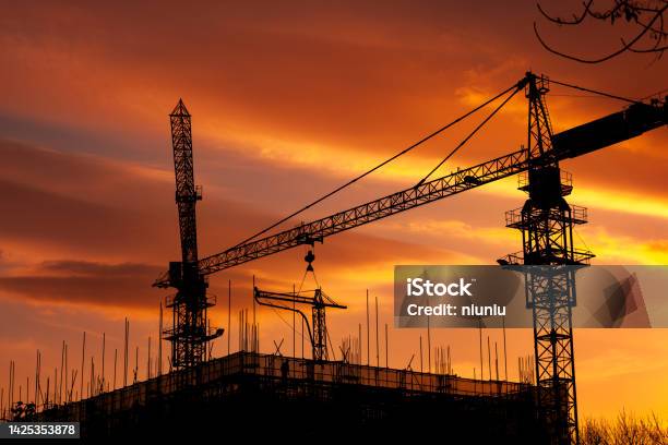 Construction Site Sunset Stock Photo - Download Image Now - Abstract, Aerial View, Architecture