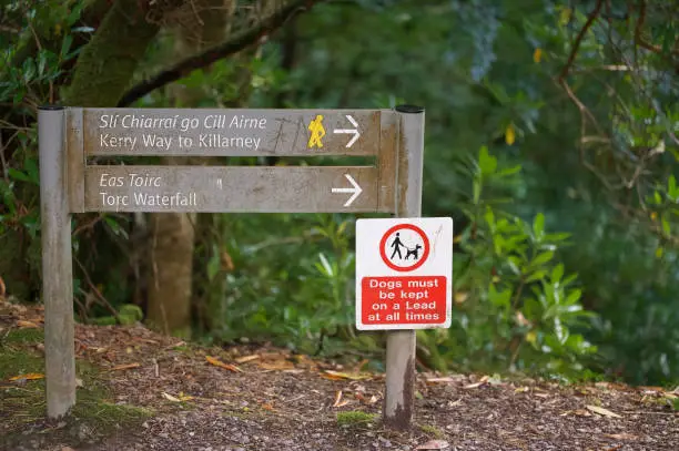 Close up of sign in Killarney National Park for Kerry Way to Killarney and Torc Waterfall