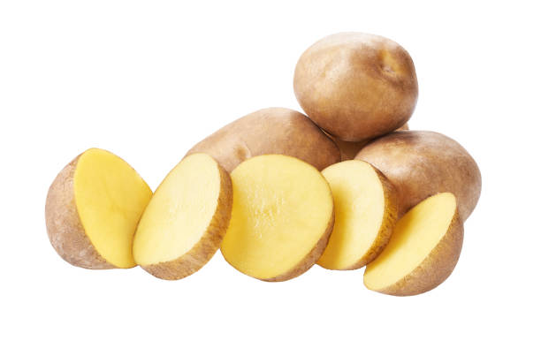 istock organic potatoes cut in half isolated on white background. 1425354009