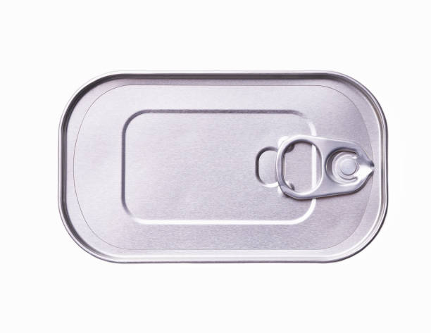 istock Canned fish sealed tin can with easy openable lid on white background, top view. 1425354450