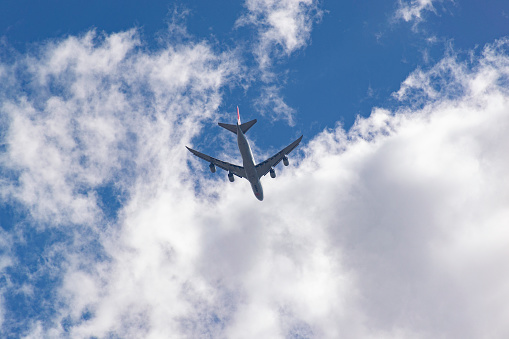 Jundiaí, São Paulo, Brazil - May 17, 2022: Low Angle View Of Boeing 747-8F of Cargolux Airlines