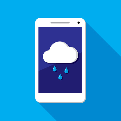 Vector illustration of a smartphone with rain cloud icon against a blue background in flat style.