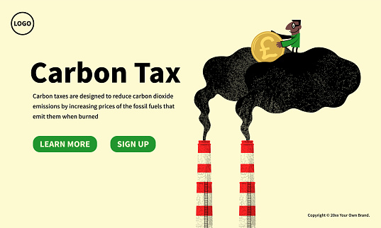 Characters Design Vector Art Illustration.
Slide or landing page layout.
The concept of Carbon Tax, Net Zero, Emission Reduction, Exhaust Emissions, and Environmental Protection.