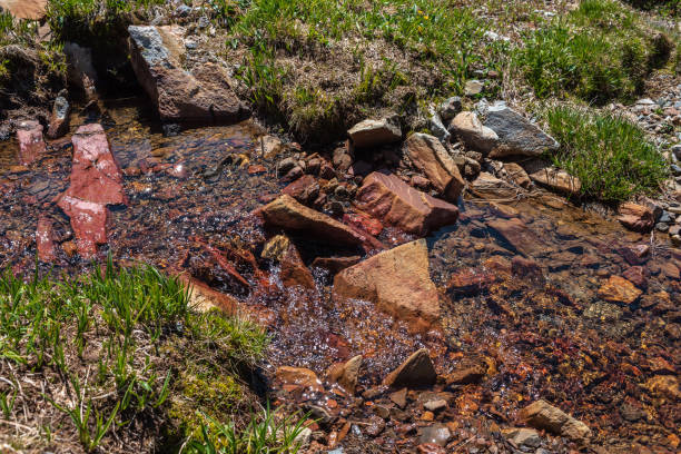 Sharp stone in clear water stream with motley stony bottom in sunlight. Colorful mountain stream with mineral water in bright sun. Picturesque top view to sunlit multicolor stones in spring water.