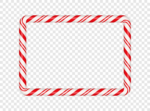 Christmas candy cane rectangle frame with red stripe. Xmas border with striped candy lollipop pattern. Blank christmas and new year template. Vector illustration isolated on transparent background.