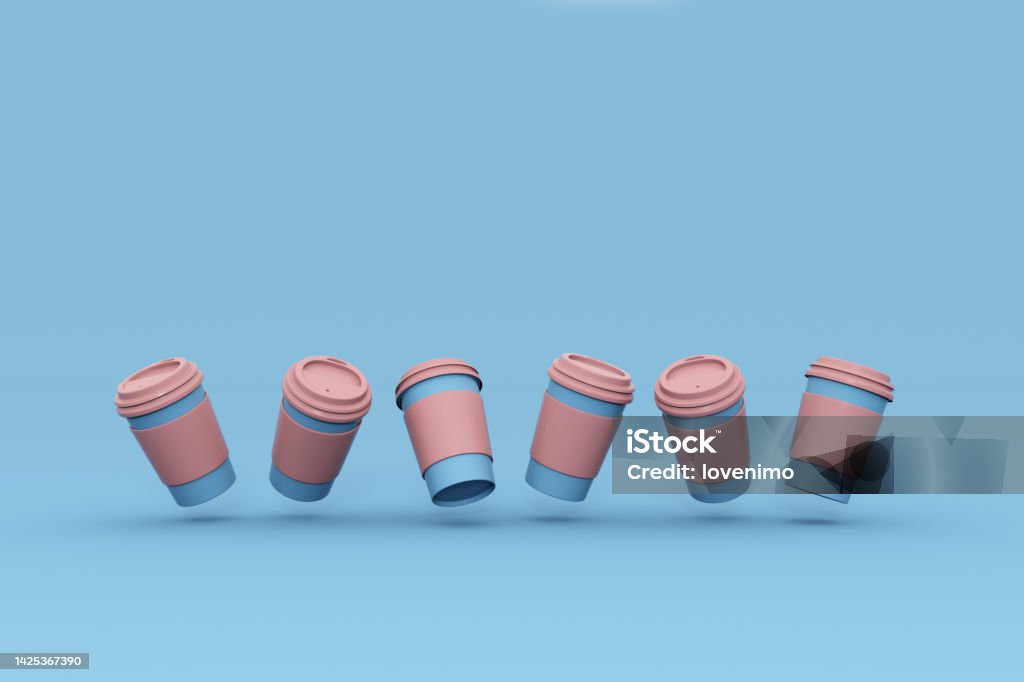 Many blank colorful paper mugs at abstract light blue background China - East Asia, Blank, Bottle Cap, Breakfast, Business Coffee - Drink Stock Photo