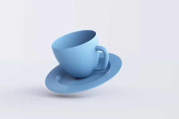 Photo of Blue Coffee cup floating in white background. 3D render.