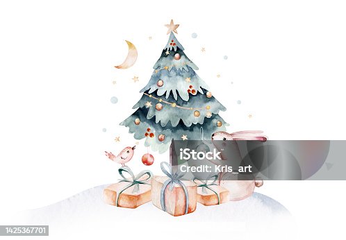 istock Watercolor Merry Christmas illustration with snowman, christmas tree , snowman, holiday cute animals bunny rabbit, rabbit and baby deer . Christmas celebration cards. Winter new year design. 1425367701
