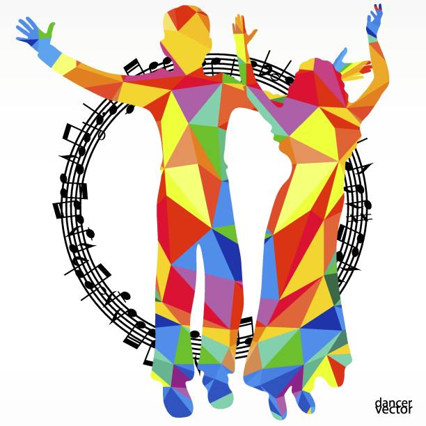 istock Polygon silhouettes dancing people and melody circle, vector music battle party background. 1425367948