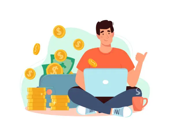 Vector illustration of Freelancer at the laptop, from which gold coins are pouring into a wallet with dollars. Rich man works at home. Boy and big income, earn money online.  Vector illustration flat, isolated background