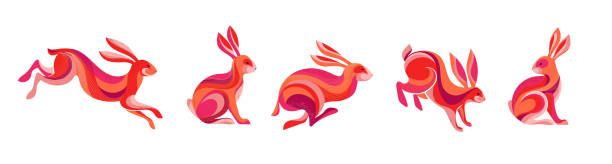 sammlung von laufenden, springenden kaninchen, hasenillustrationen. chinesisches neujahr 2023 jahr des kaninchens, chinesisches tierkreissymbol. - kaninchen stock-grafiken, -clipart, -cartoons und -symbole