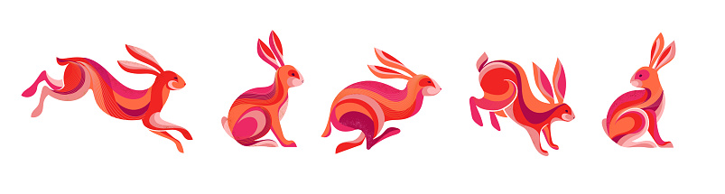 istock Collection of running, jumping rabbits, bunnies illustrations. Chinese new year 2023 year of the rabbit, Chinese zodiac symbol. 1425369204