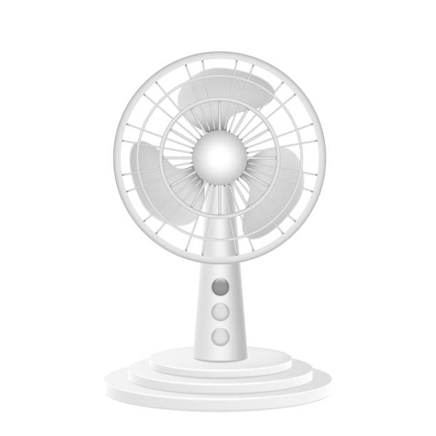 istock Modern electric fan realistic. Indoor climate control device conditioning cooling air on table 1425369228