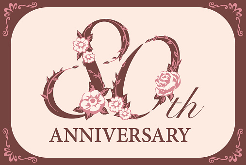 80th year anniversary template. Flolal font. Vector illustration.