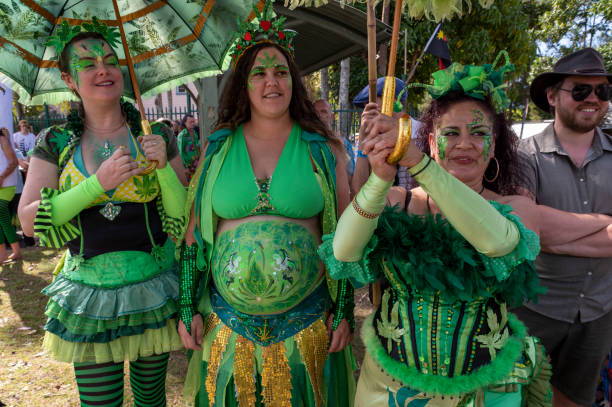Nimbin, NSW; September 18, 2022Ganga Faeries at the Nimbin 30th Mardi grass. Part of a group marching and dancing for Cannabis reform for 30 years.30th Mardi Grass. Every year the small NSW town of Nimbin {famous for the 1973 Aquarius Festival} holds a rally to march for the legalisation of cannabis. Law reform still has a long way to go even for the use of medicinal cannabis. The parade has a large number of colourful characters. It is a non ticketed public event. There are also sports games and a two day conference in  the town hall on the nature and future of cannabis. A feature of the parade is a group of dancing Ganja Faeries. They range form 8 to 80 and rehearse a travelling dance all year.
