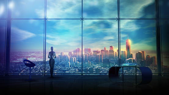Sci-fi background with an android standing in front of a panoramic window overlooking the city skyscrapers. 3D render.