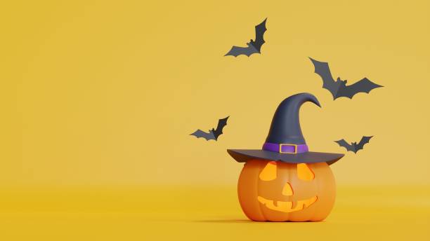 istock 3d rendering, 3d illustration minimal Halloween background, pumpkin wear witch hat and flying bats 1425382392