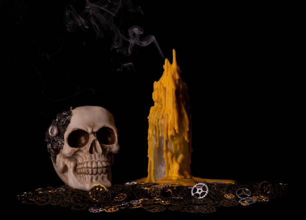 istock Skull and cogs home made skull with cogs for brains dramatic day of dead statue 1425392631