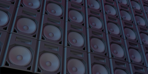 Music art speaker system concept: 3d rendered Loudspeakers in party neon lights. Hi-Fi acoustic sound system close-up. On stage concert, radio work space, dark acoustic sub-woofer tower background with copy space.