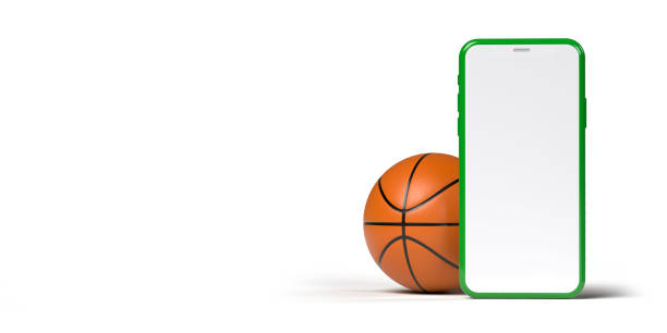 istock Basket ball behind vertical standing white smartphone screen 1425393988