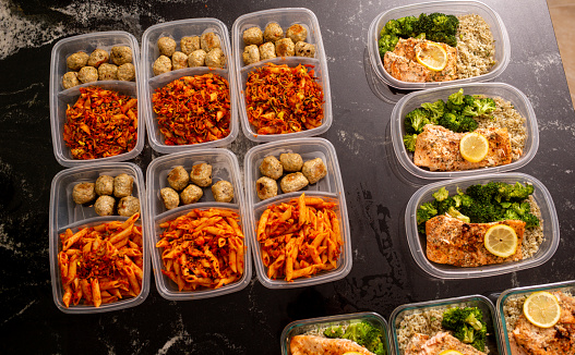 Salmon and Meat Balls Meal Prep in storage containers