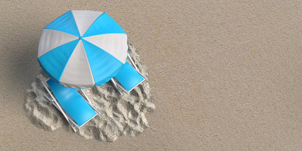Summer vacation and travel concept: Realistic striped parasol or beach umbrella and colorful sun chairs with dropped shadow on blank background. 3D Illustration template with large copy space. Web banner, advertisement, marketing sales, product presentation and party invitation card.