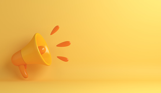 Yellow megaphone cartoon style copy space text, 3d rendering illustration
